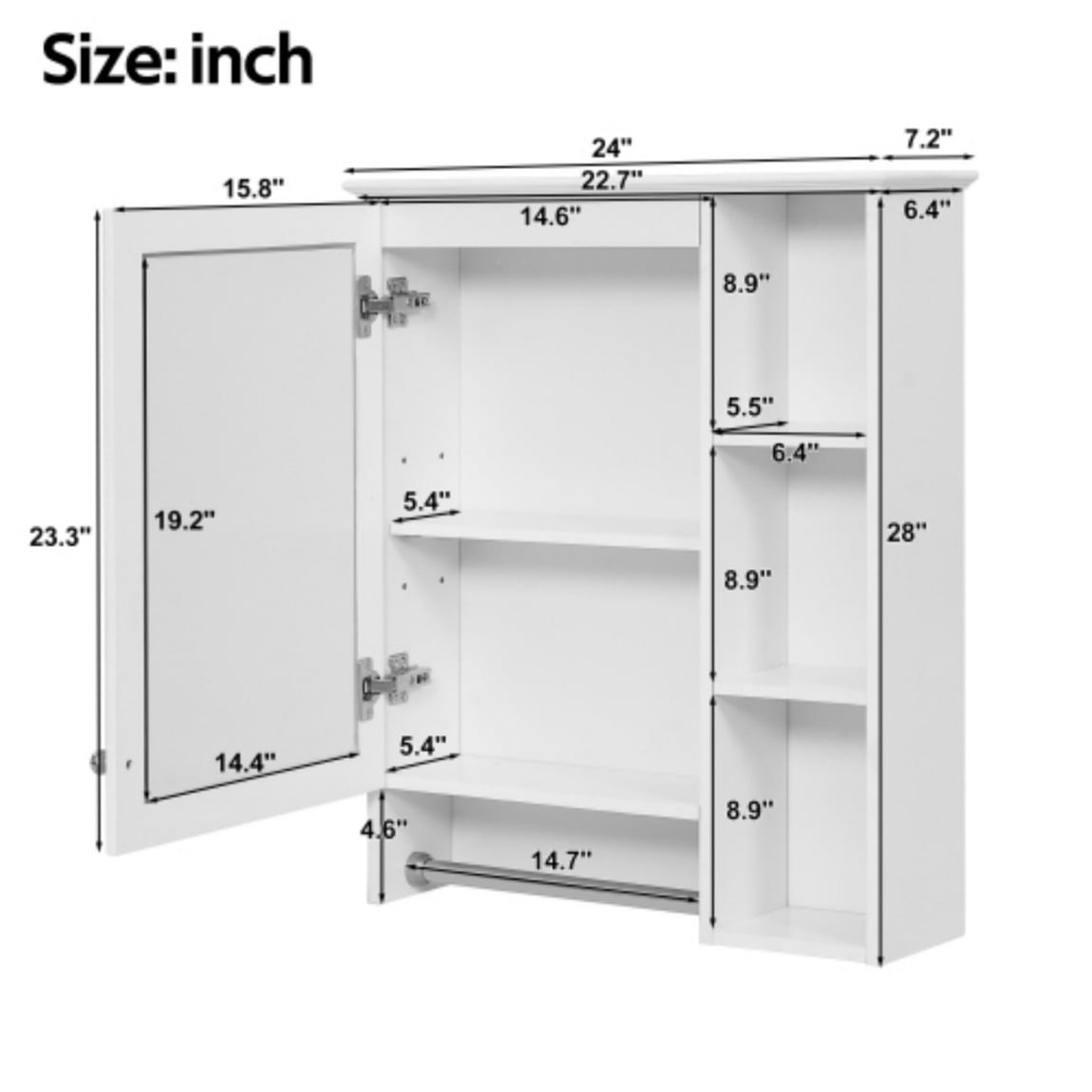 24" Wall Mounted Medicine Cabinet with Mirror, Bathroom Storage Cabinet with Adjustable Shelf, Soft Close Door & Towel Bar, Modern Over Toilet Organizer, White