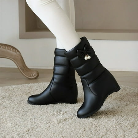 

Wefuesd Ladies Fashion Solid Color Bow Pearl Decorative Fleece Inner Heightening Wedge Heel Mid Boots Womens Fashion Boots For Women Black 41