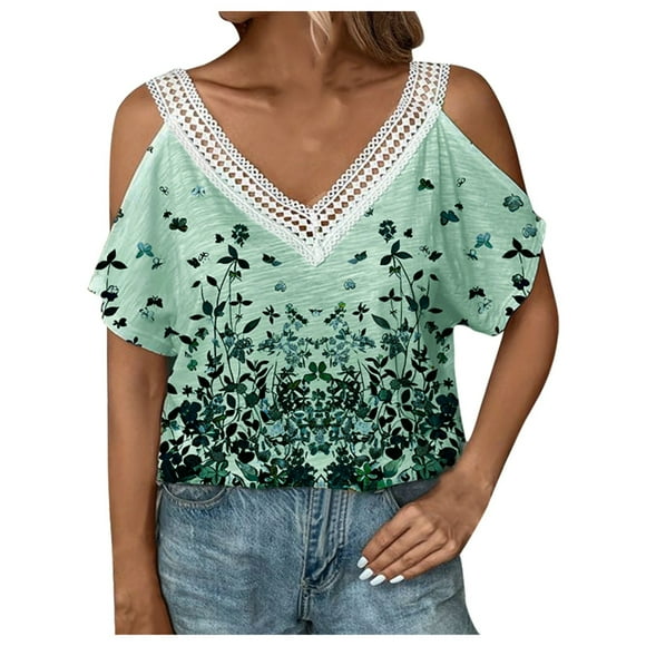 TSADFHJI Turtle Neck Tops for Women Plus Size Women's Summer Daily Flower Lace Casual Crew Short Sleeved T Shirt Xxxl Green