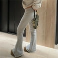 thumbnail image 5 of Women Low Rise Fold Over Waistband Solid Flared Pants Winter Thermal Warm Fleece Lined Bodycon Sweatpants Yoga Leggings, 5 of 8