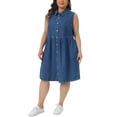 thumbnail image 4 of Agnes Orinda Women's Plus Size Denim Dress Lapel Sleeveless Button Down Cute Summer Midi Jean Babydoll Dresses 1X Blue, 4 of 7
