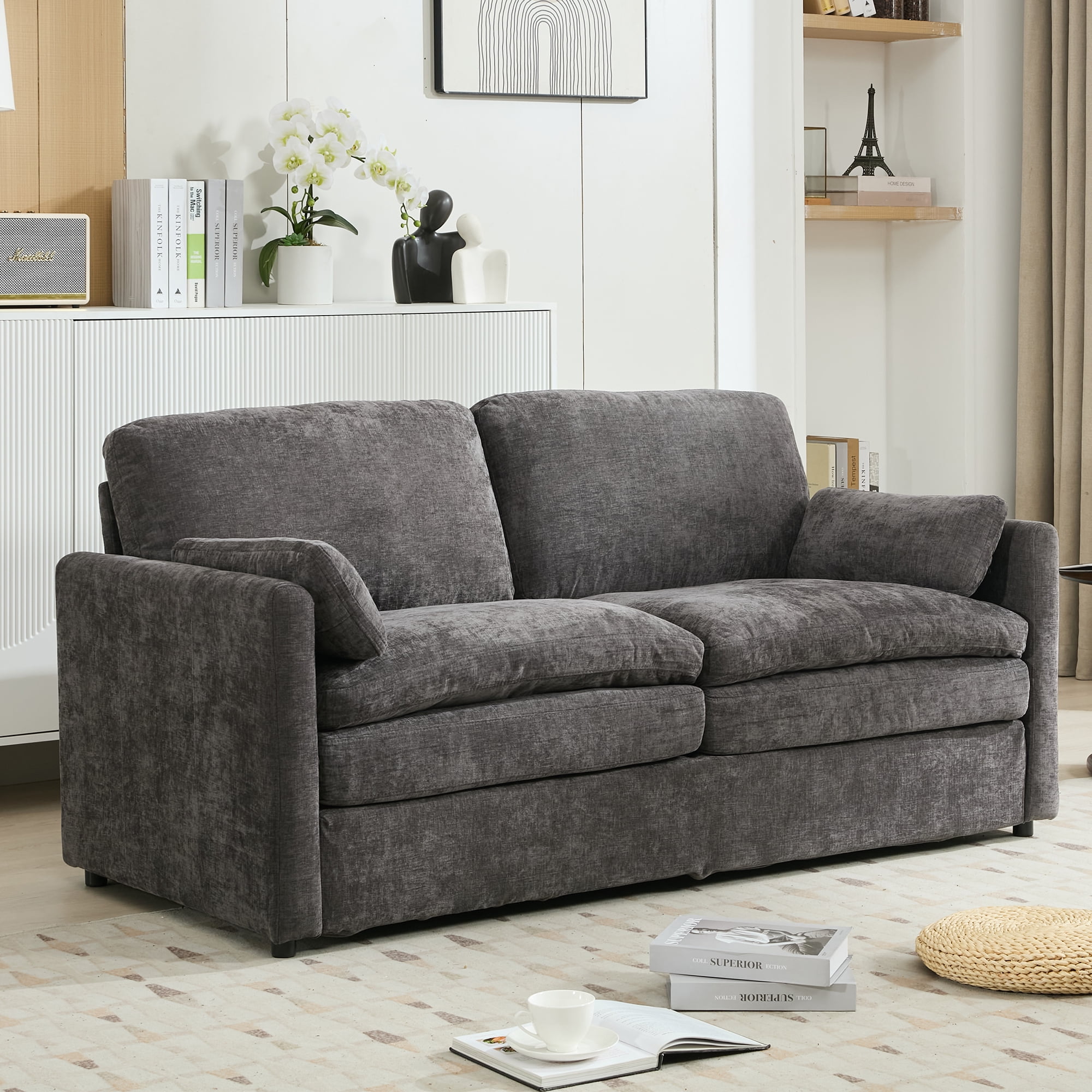 Euroco Modern Chenille Loveseat Sofa with Double-Layered Cushions, Ergonomic Armrests & Detachable Lumbar Pillows, Upholstered 2-Seater Couch for Living Room or Office
