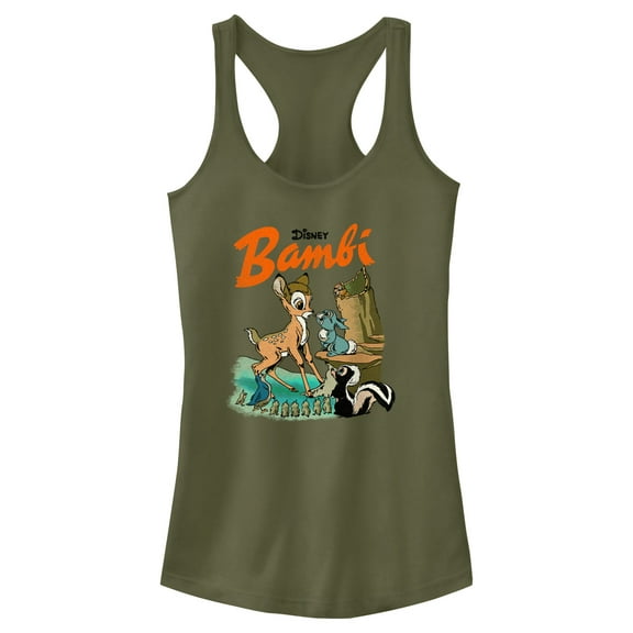 Junior's Bambi Retro Poster Racerback Tank Top Military Green X Large