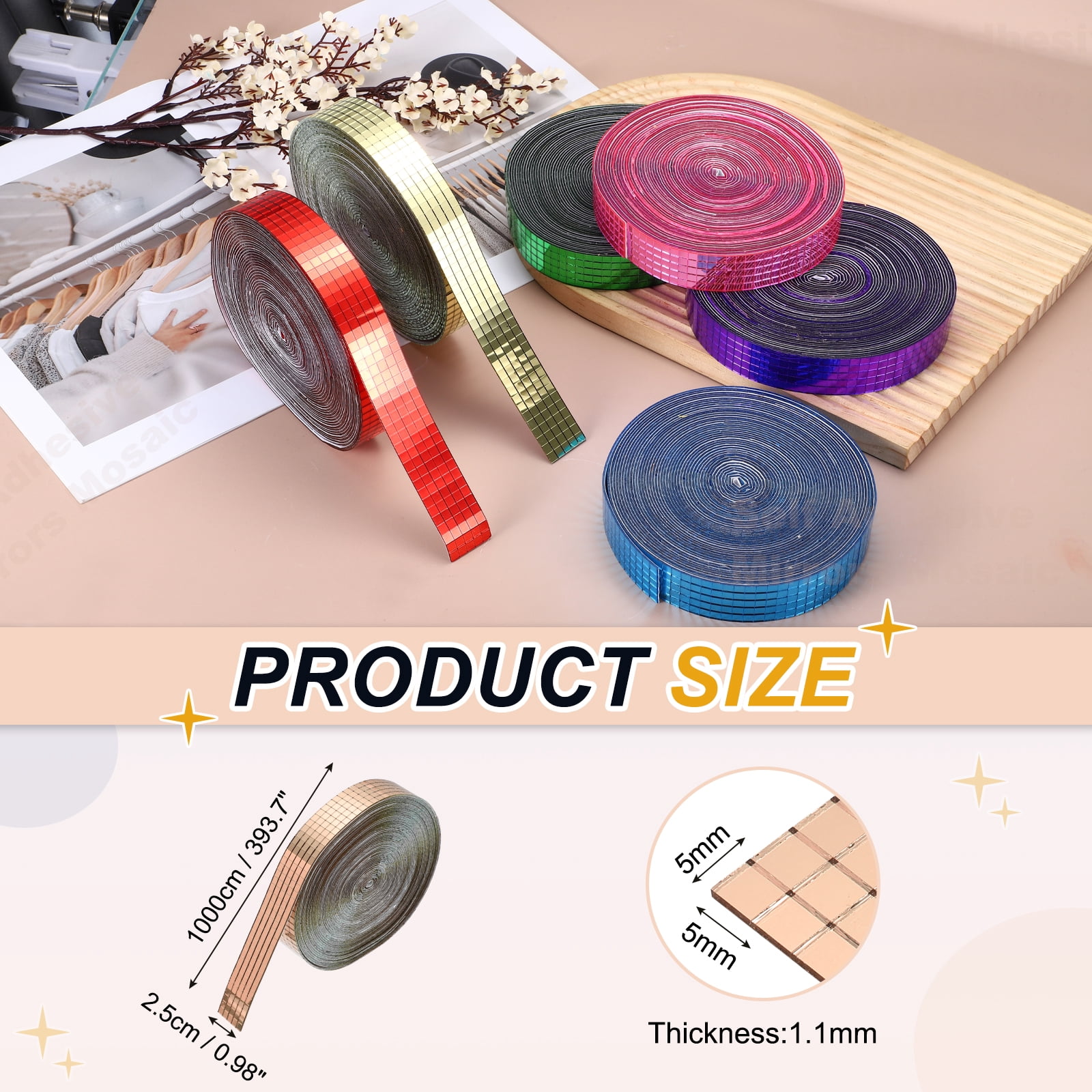Uxcell 5x5mm Self Adhesive Mirrors Mosaic Tiles, 10000 Pcs Square Mini Glass Mosaic Disco Tile Sticker for DIY Craft Disco Ball Party Decoration, Rose Gold