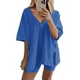 thumbnail image 2 of 2026 ! JINMGG Two Piece Outfits Women, 2026 Fashion Fall Fashion Women Casual Solid Short Sleeve V-Neck Loose Tops Nightwear Shorts Sleepwear Sets Blue XL, 2 of 9
