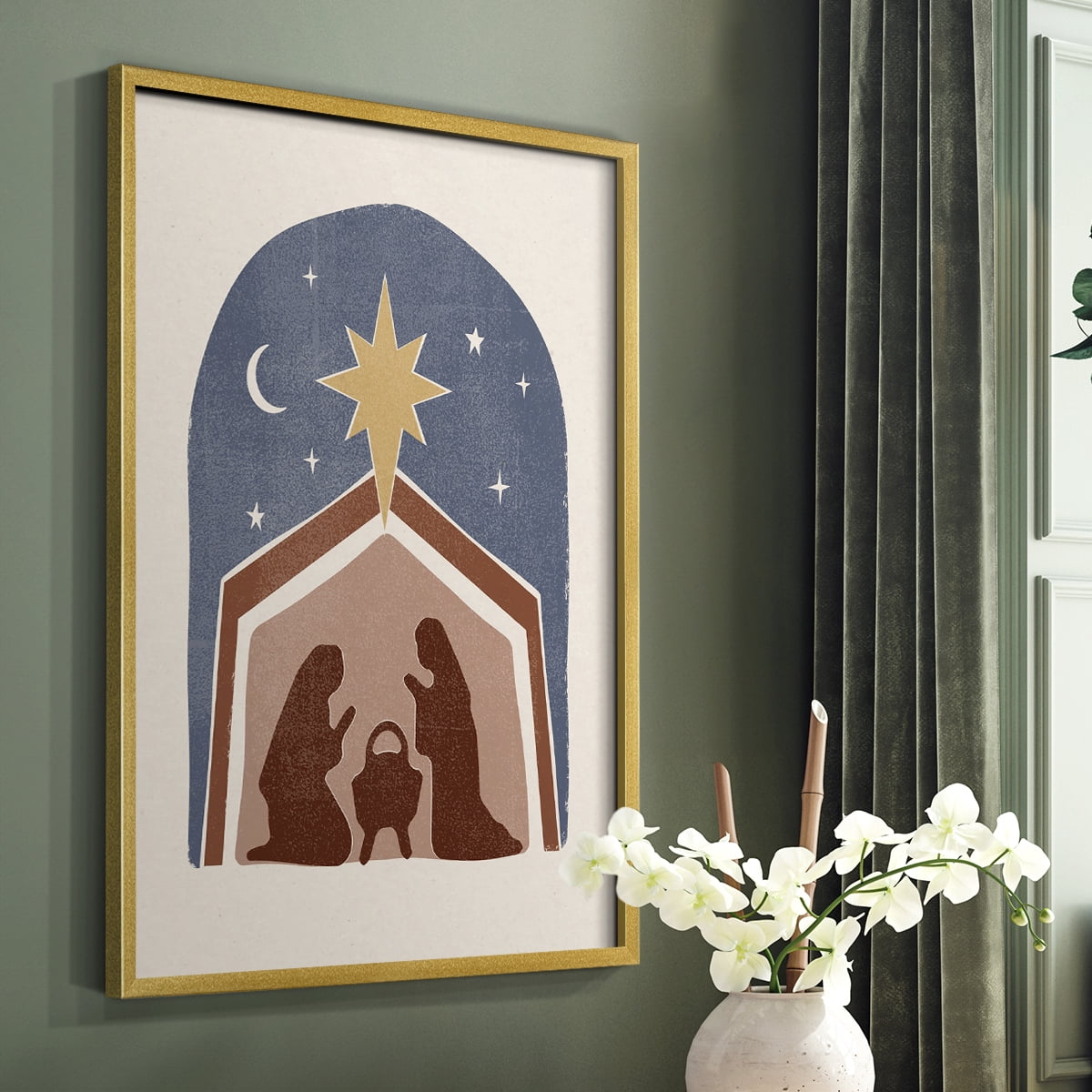 Boho Nativity I Framed Print in Gold Solid Wood Framed Print No Nail Hanging