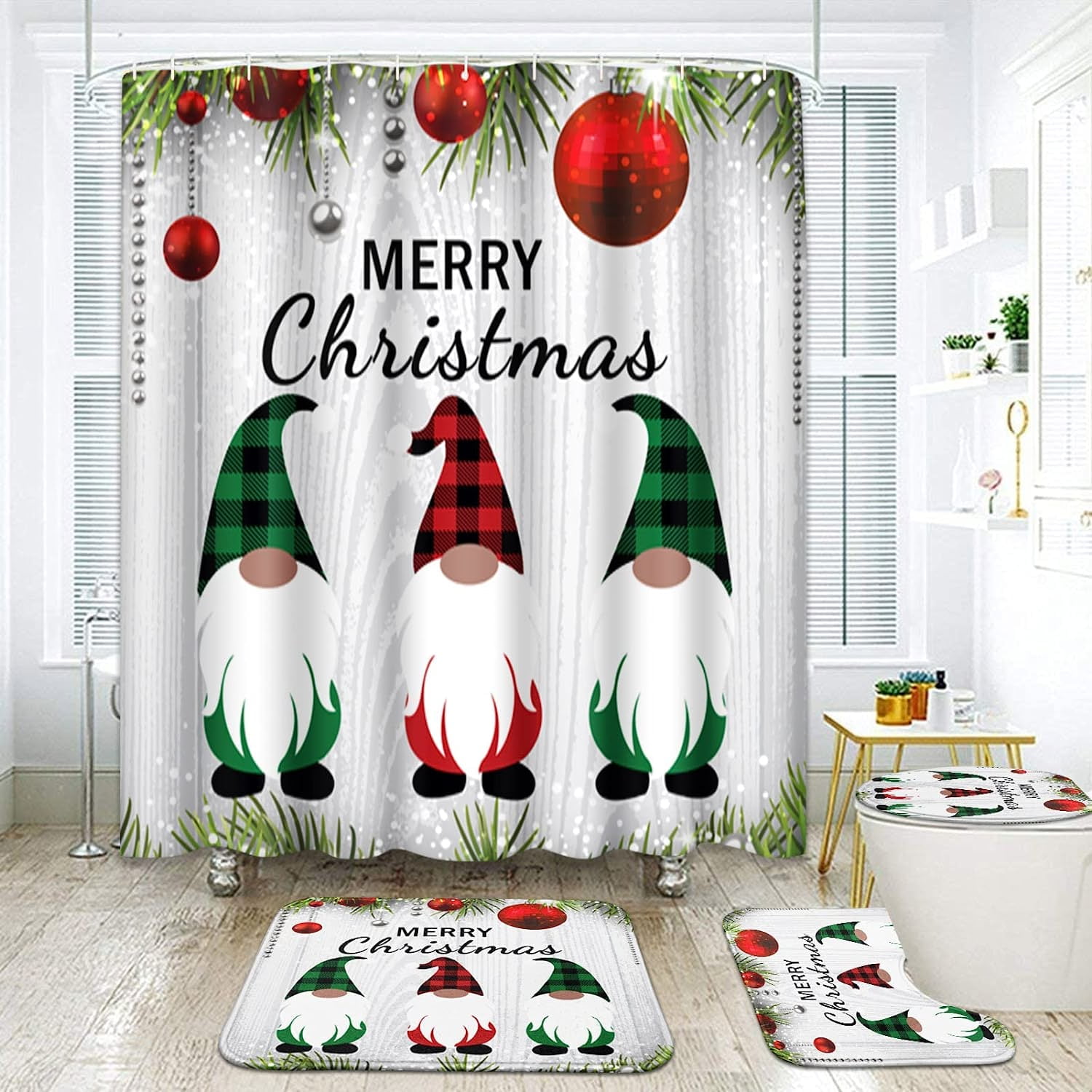 ZHANZZK Christmas Celebrate Plaid Hat Gnome 4 Piece Bathroom Set Shower