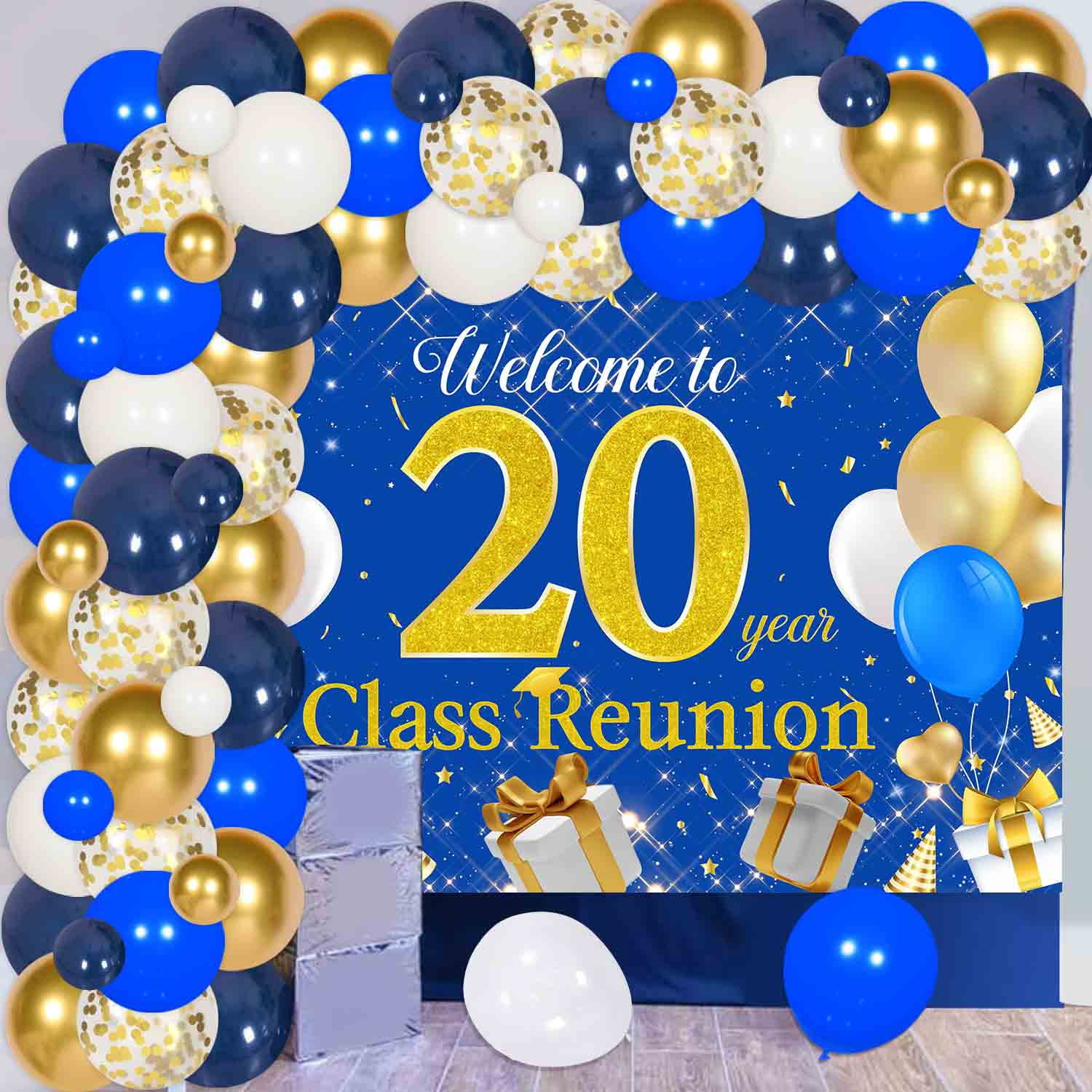20th Year Class Reunion Party Decoration,Blue and Gold Balloon Arch,Blue and Gold 50th Anniversary Class Reunion Theme Backdrop Balloon Garland Kit