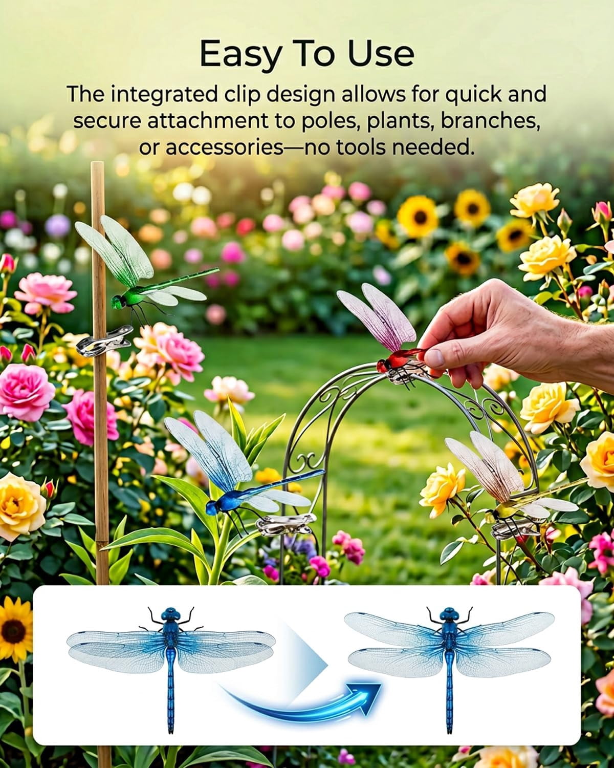 Dragon Fly Clips for Bugs Repellent, Fake Dragonflies Outdoor Decor, Dragonfly Wasp Deterrent Clip on Garden Ornaments Hat Yard Art Metal Moving Butterfly