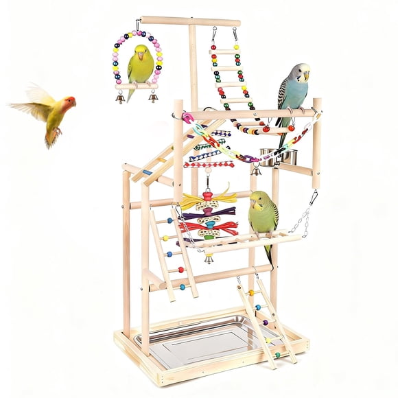OCKYOOZ Bird Playground Pet Bird Parrot Playground Birds Stand 4 Layers Pet Parrot Playstand with Exercise Toys Swings Feeder Cups Birds Pla
