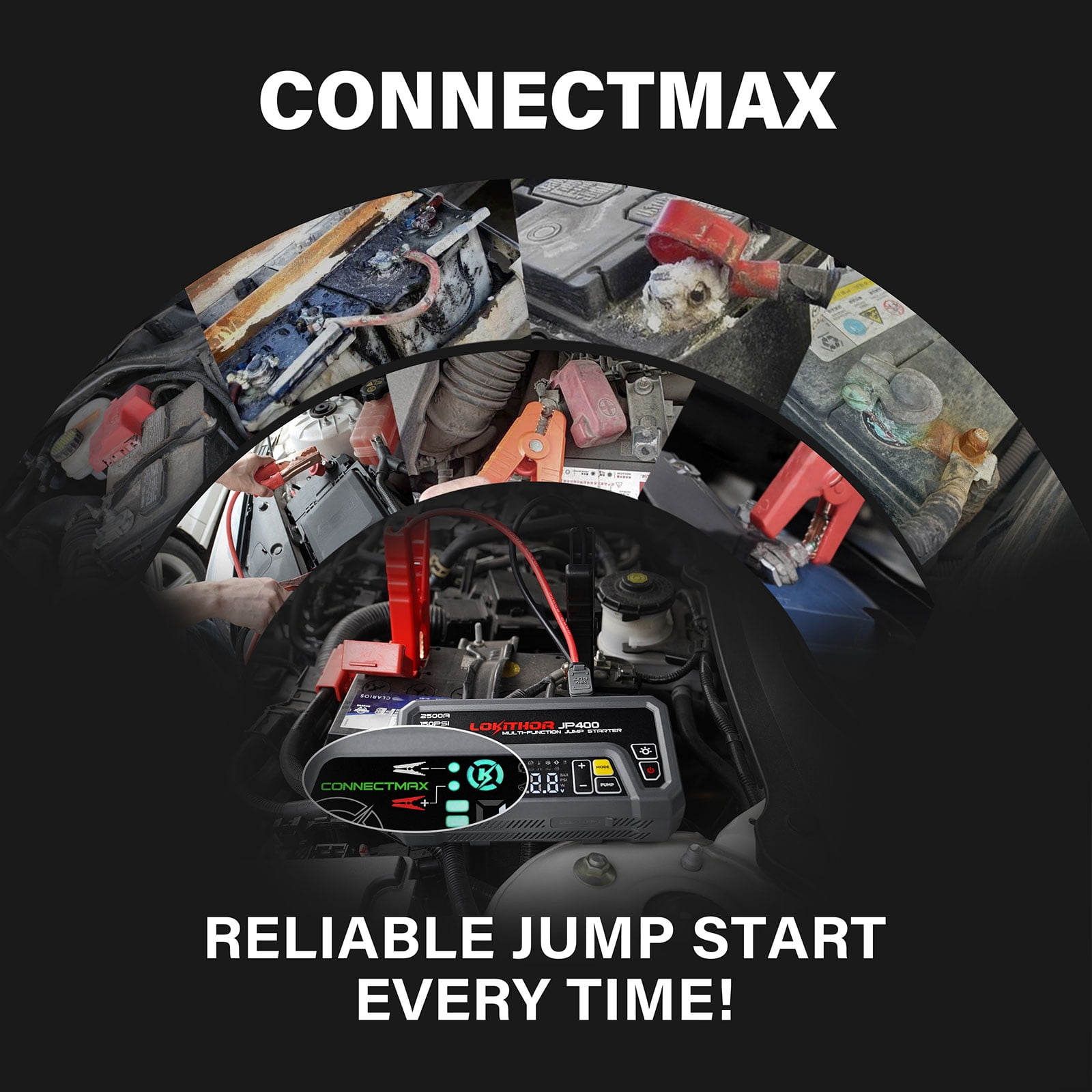 LOKITHOR JP400 Jump Starter with Air Compressor, 2500A 12V Car Battery Jumper Starter Portable (8.5L Gas/6.5L Diesel) with ConnectMax Tech, 150PSI Tire Inflator, Auto-Shutoff & Dynamic Dwell