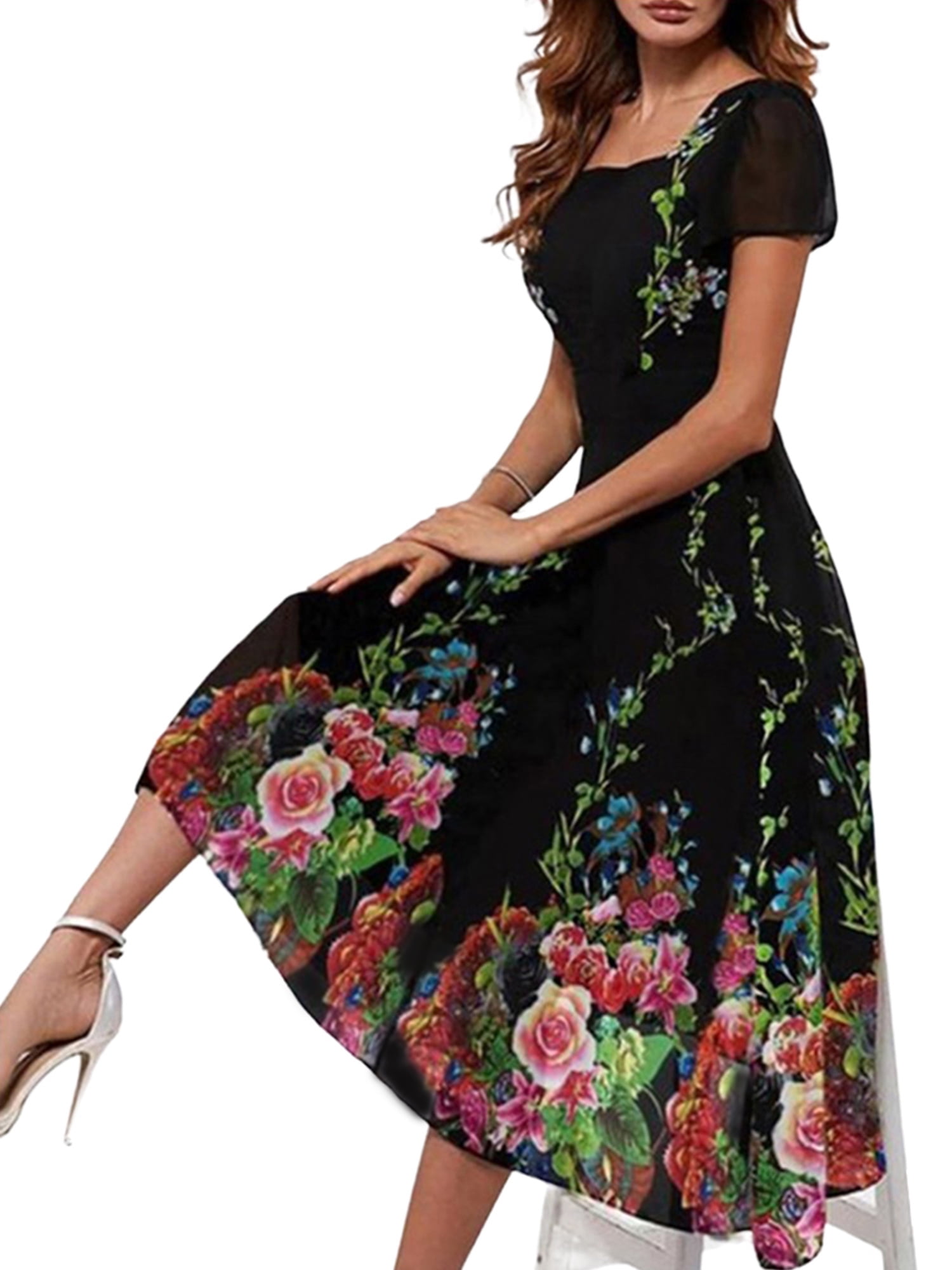 Zdcdcd Womens Fashion A Type V Neck Short Sleeve Floral Flower Print Loose Casual Dress 9063