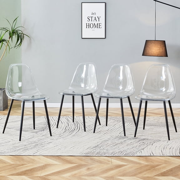 Wooden Dining Chairs, Modern minimalist transparent dining chair, plastic chair, armless crystal chair, Nordic creative makeup stool, negotiation chair, set of 4 pieces, black metal legs,TW-1200