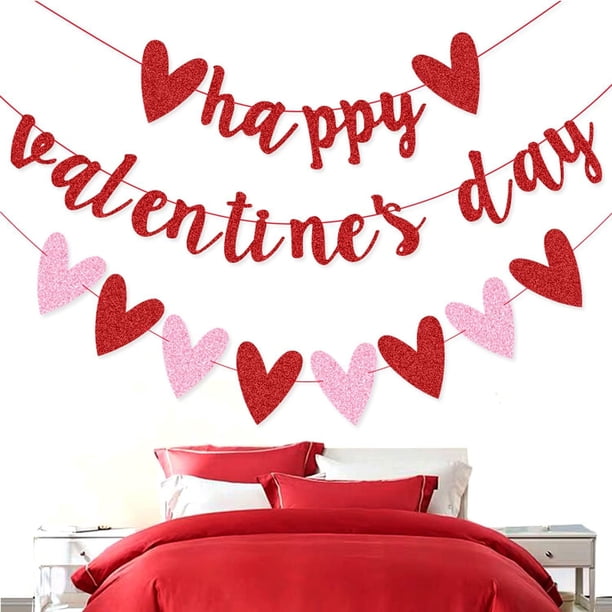 Pancarta roja brillante para San Valentín, decoración colgante de pared con corazón rojo y rosa, letrero con letras de San Valentín, guirnalda decorativa para repisa de chimenea, aniversario de boda,