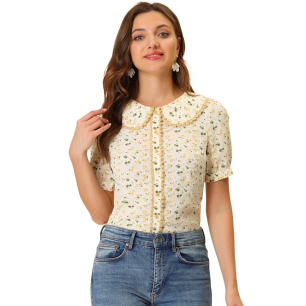 Blusa floral Allegra K para Mujer con Cuello Peter Pan y Encaje Albaricoque M
