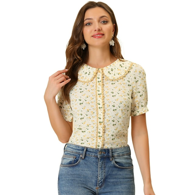 Blusa floral Allegra K para Mujer con Cuello Peter Pan y Encaje Albaricoque M