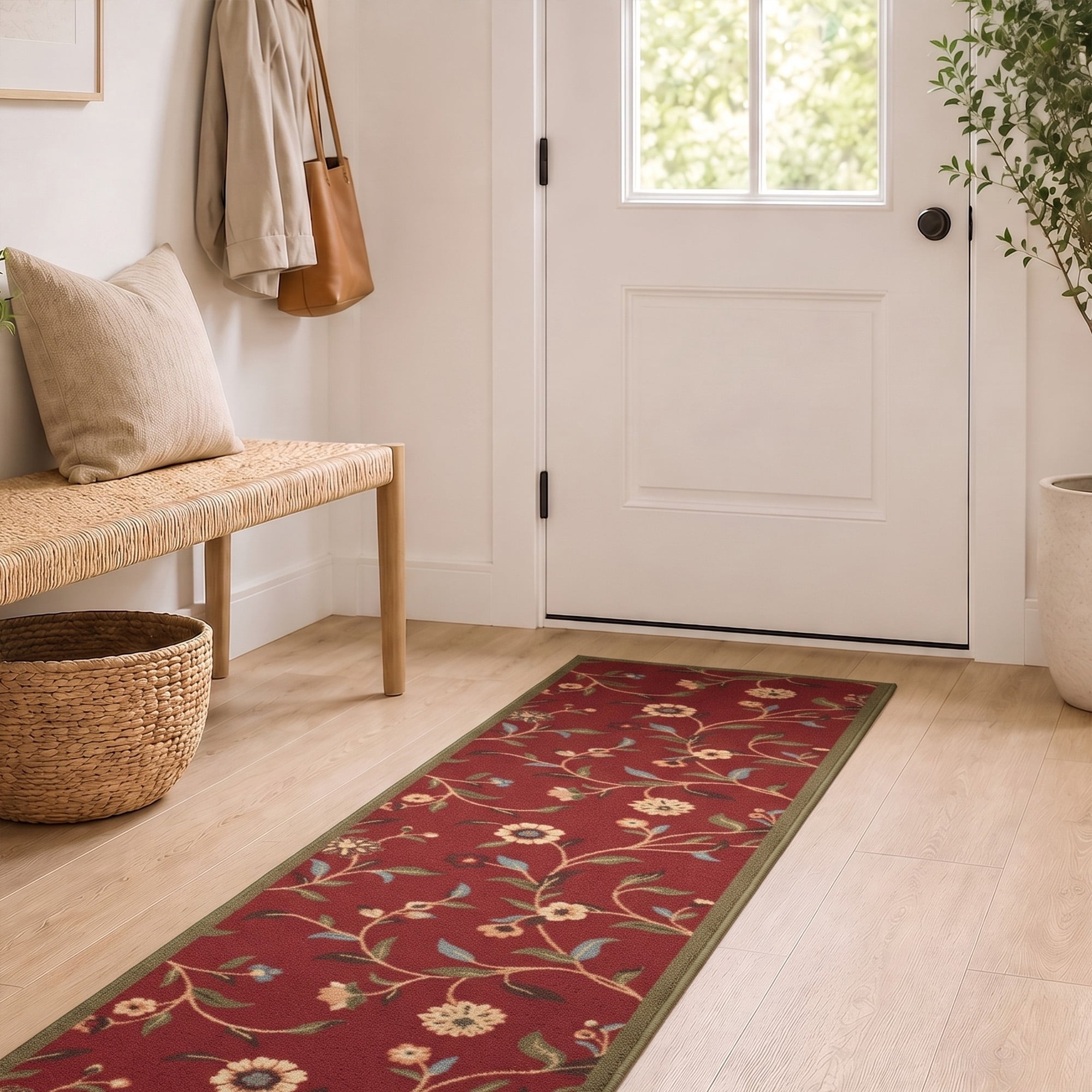 Ottomanson Non-Slip Kitchen Runner Rug 1'10.5" x 5' – Low Pile Stain Resistant Floor Mat, Floral Red