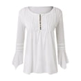 thumbnail image 4 of Women T-Shirts Spring Summer 3/4 Bell Sleeve V-Neck Pleated Solid Color Button T-Shirt Simple Outdoor Steetwear Ladies Dailywear, 4 of 5