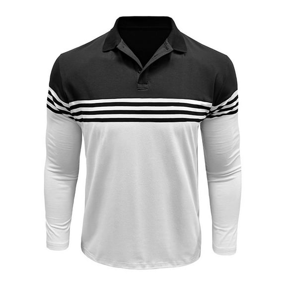 MIXUE Polo Shirts For Men Fall Winter Striped Print Color Block Lapel Button Down Long Sleeve Casual Sports Tops Holiday Wear,Black,XXXL