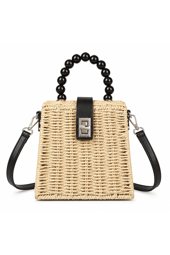 Straw Woven Handbag, Trapezoid Summer Beach Tote Purse with Wooden Bead Top Handle and Crossbody Strap for Women Vacation