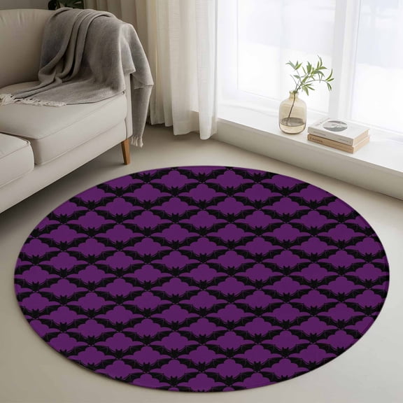 Purple Black Halloween Round Area Rug 3Ft Washable Small Circle Rugs for Kitchen Entryway, Fall Spooky Horror Abstract Bats Non-Slip Carpet Floor Mats Indoor Outdoor Carpet Runner Home Decor