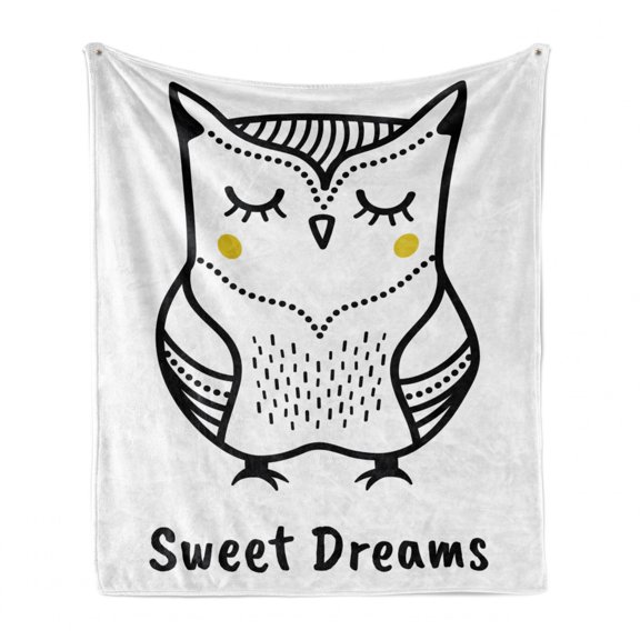 Saying Soft Flannel Fleece Throw Blanket, Hand Drawn Monochrome Owl Doodle Composition with Dots Animal, Cozy Plush for Indoor and Outdoor Use, 50" x 60", Yellow Black and White, by Ambesonne