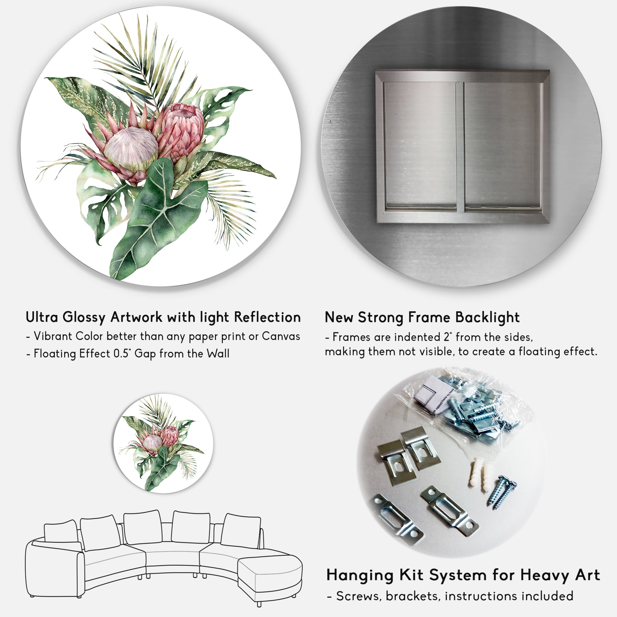Designart 'Queen Proteas Palm & Monstera Leaves' Traditional Circle Metal Wall Art 23x23 - Disc of 23