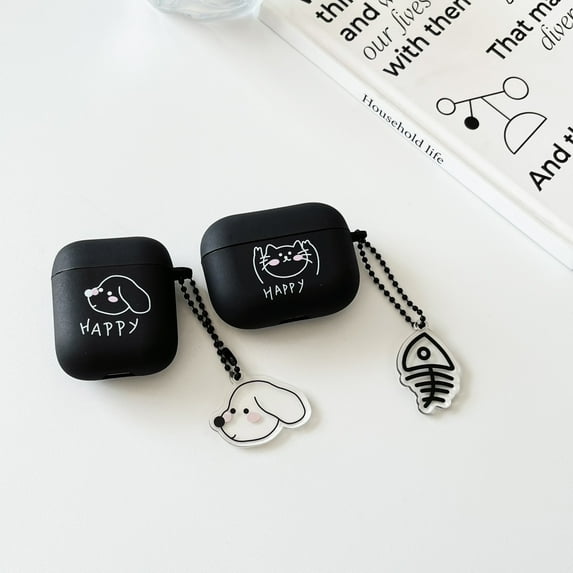 For AirPods Pro Cute HAPPY Patterned Earphone Case Matte TPU Shockproof Cartoon Design Frosted Case Cover With Pendant,HAPPY Cat
