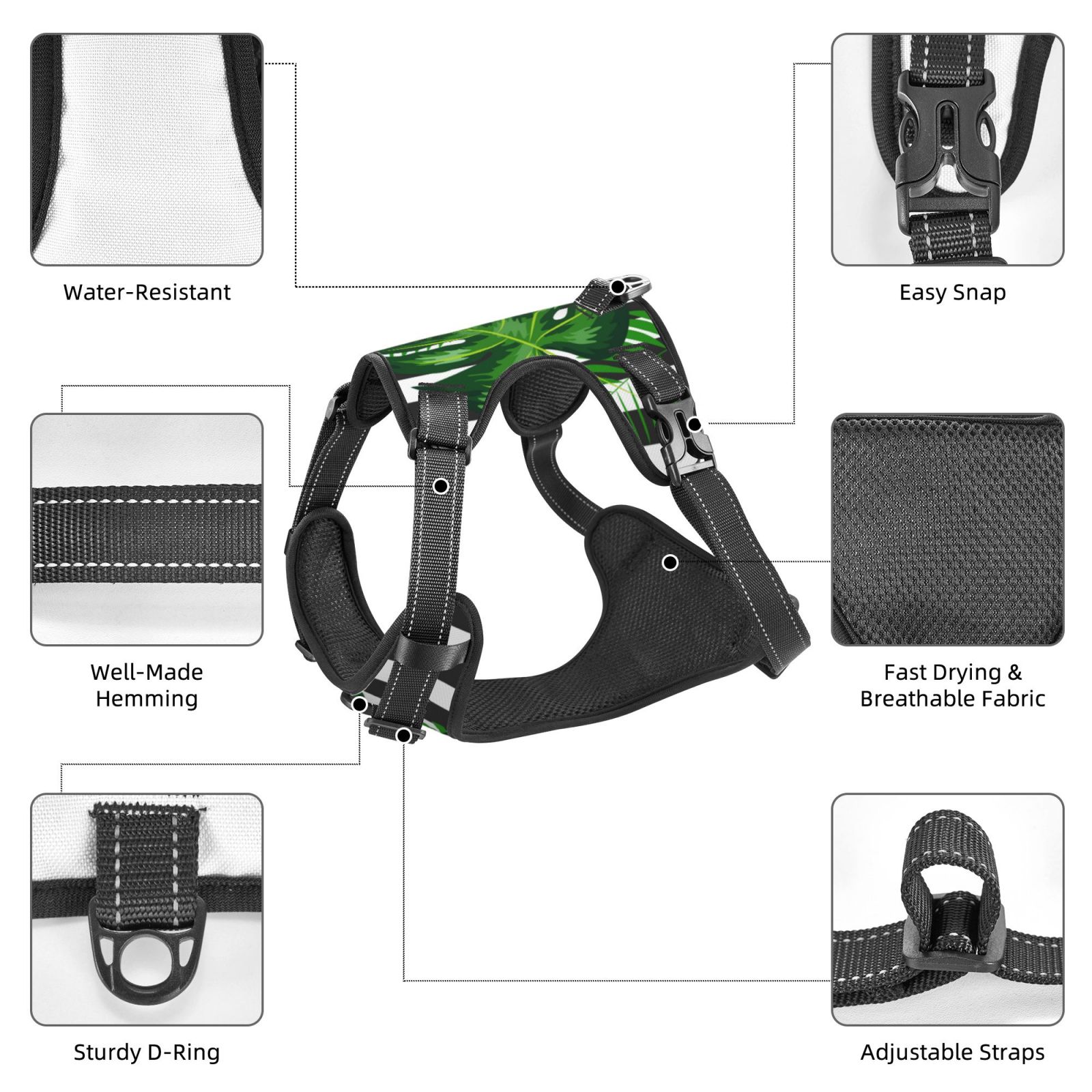Fuzoiu Palm Greenery Print Reflective Dog Harness,Adjustable, Breathable Pet Vest,Dog Harness No Pull,No Choke Pet Vest for Small, Medium, and Large Dogs-Small