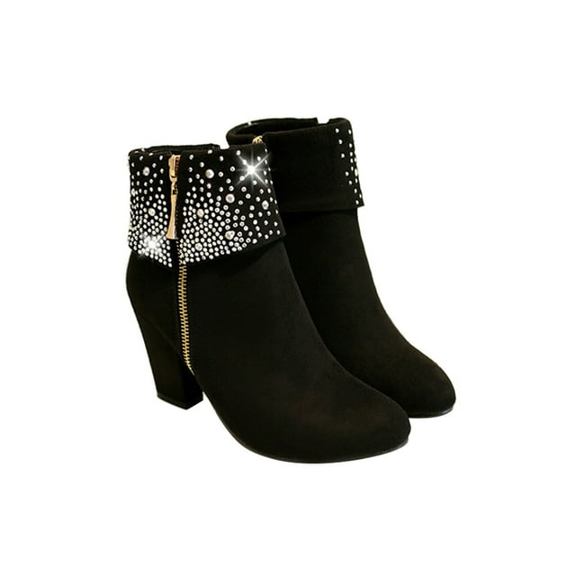UKAP Women Winter Boots Comfort Ankle Booties Side Zip Block Heels Bootie Work Short Boot Frosted Black 7