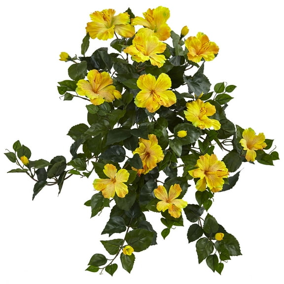 Nearly Natural 24" Hibiscus Hanging Plastic Artificial Plant (Set of 2), Yellow