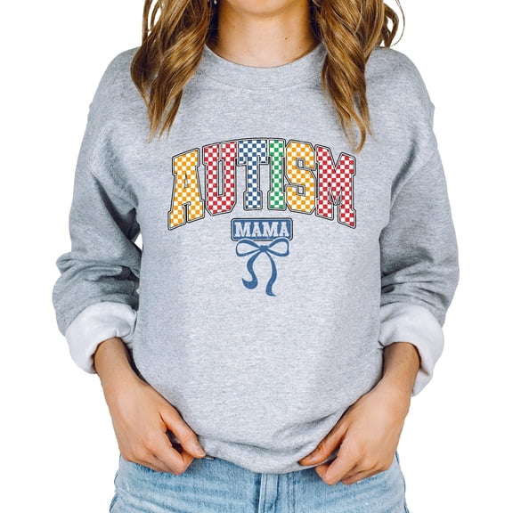 Autism Mama Sweatshirt for Women Colorful Checkered Autism Awareness Pullover Gray Sweatshirt Adult Medium