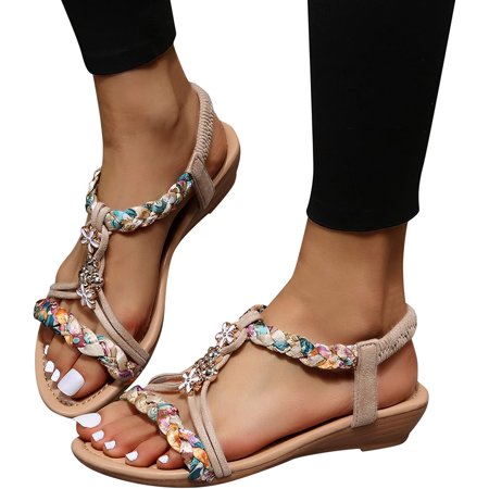 

Boho Sandals for Women Summer Breathable Open Toe Wedge Sandals Fashion Non Slip Slides Casual Elastic Slip-on Walking Shoes