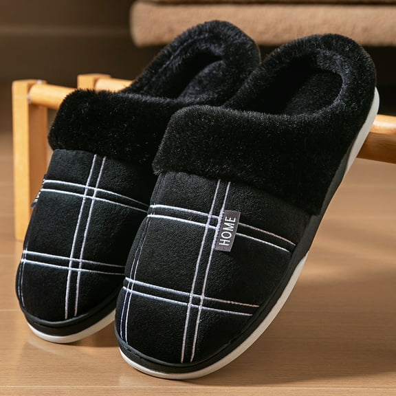 Pmoiste Plaid Men’s House Slippers Furry Collar Comfy Memory Foam Non Slip Classic Warm Winter Slipper