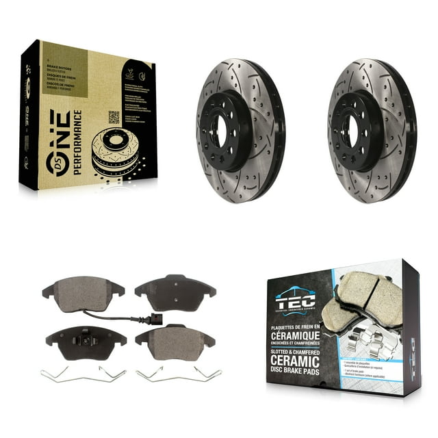 Transit Auto Front Coated Drilled Slotted Disc Brake Rotors and Ceramic Pads Kit for Car Volkswagen Jetta Golf Beetle Rabbit Audi Eos A3 GTI Quattro KDT-100083