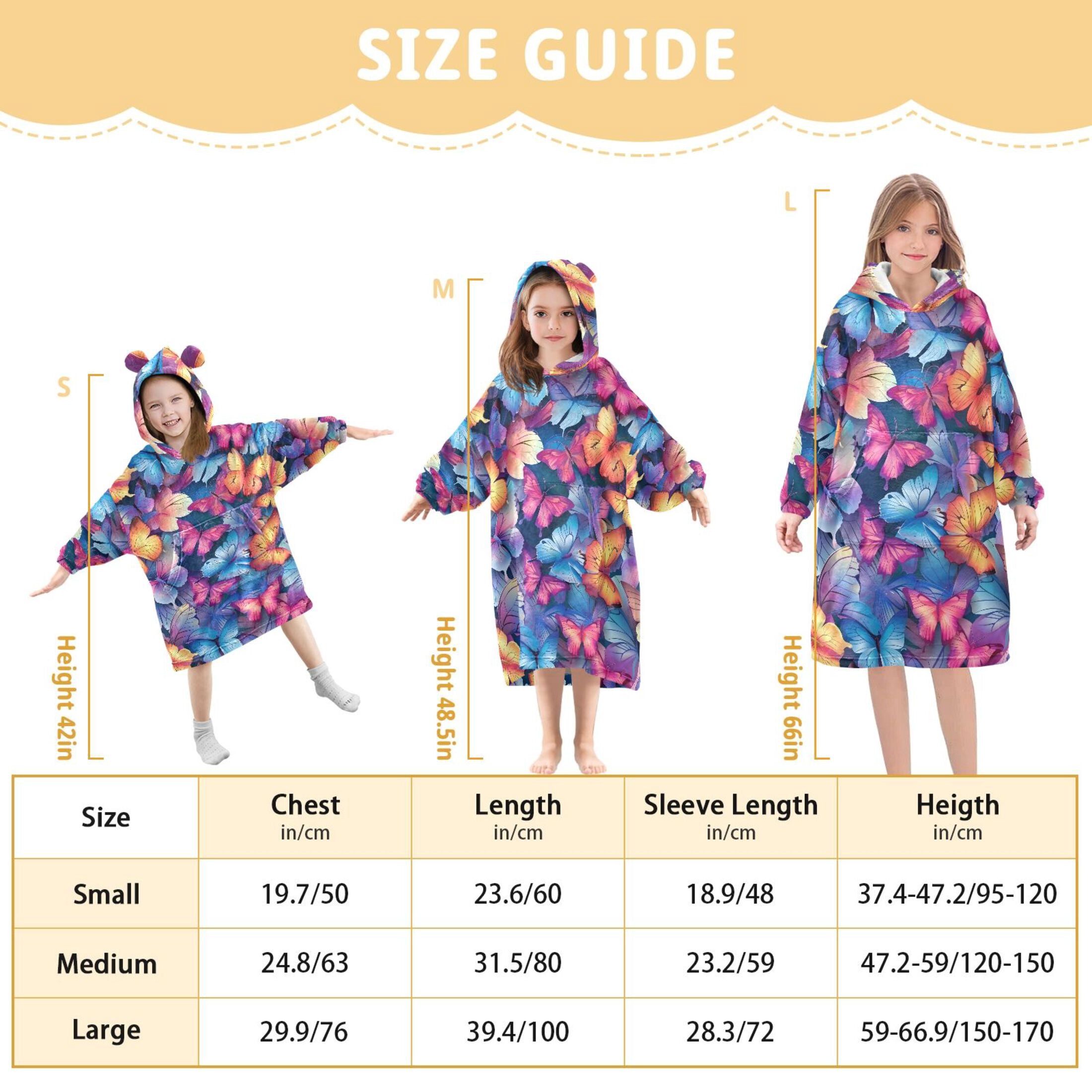 Dailycode Wearable Blanket Hoodie Oversized Sherpa Flannel Blankets with Pocket for 3-14 Year Old Vibrant Butterflies