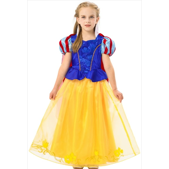 IKALI Girls Princess Costume, Snowwhite Fancy Dress up Clothes Puff Outfit with Cape for Birthday Party 3-12Years