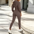 thumbnail image 4 of Women's 2‑Piece Tracksuit Set, Letter‑Embroidered Cropped Hooded Sweatshirt with Drawstring & High‑Waist Cuffed Jogger Pants, Solid‑Color Sporty Outfit for Daily Workout Commute Brown XXS(XXS), 4 of 8