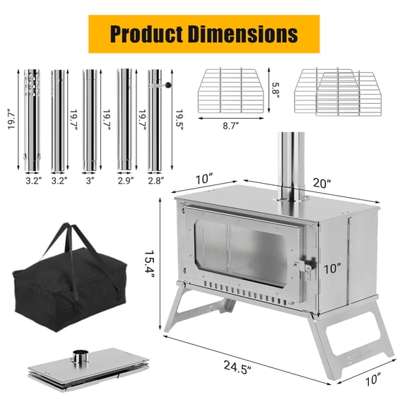 Portable Stainless Steel Charcoal Heating Camping Stove – 1900in³ Large Firebox, 5 Chimney Pipes, Collapsible Outdoor Heater for Tent, Cooking & Barbecue, Carry Bag Included – Basic