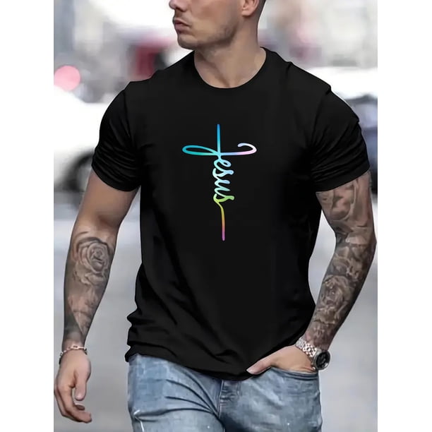 Cross Print Men's Trendy Street Style T-shirts, Casual Graphic Tee, Short Sleeve Round Neck Sports Tops, Men's Clothing For Outdoor Activities Summer