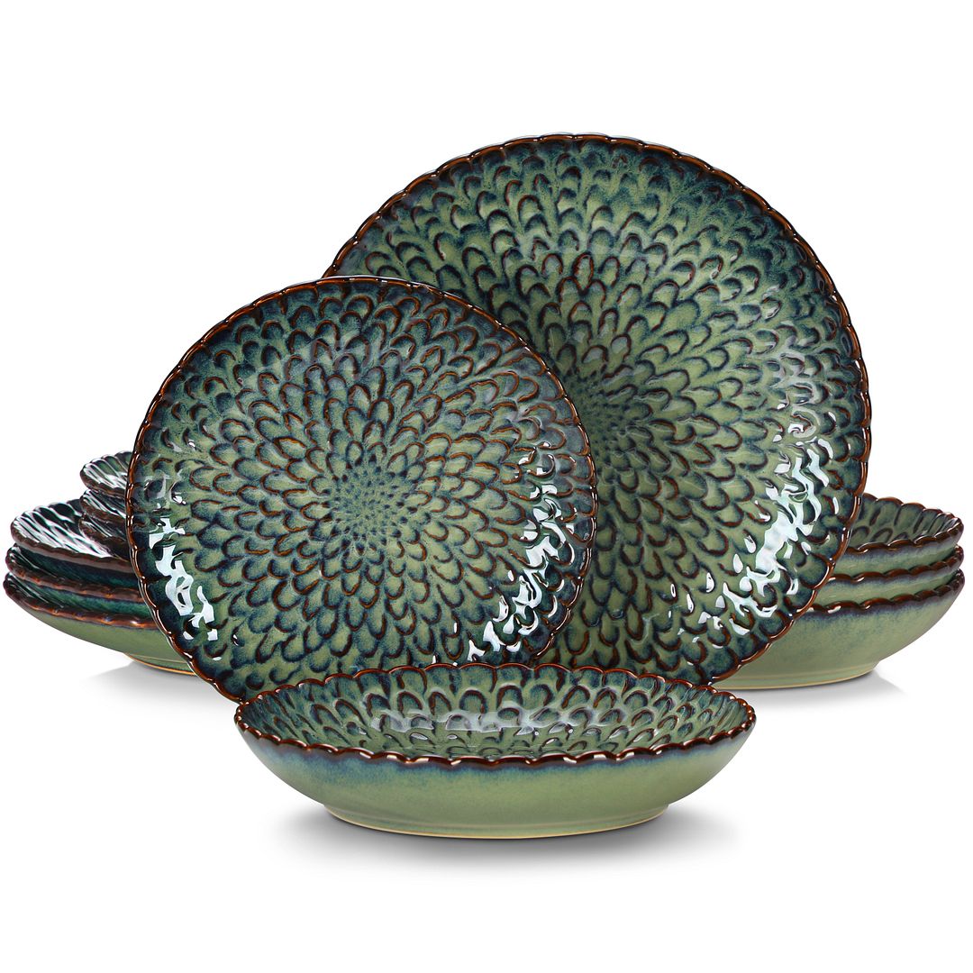 vancasso, Series Chrys, 12Piece Stoneware Dinnerware Set, Green Dinner
