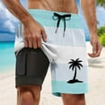 thumbnail image 4 of FINALGANG Men's Beach Shorts Gradient Striped Double-Layer Swim Trunks With Coconut Tree Print Elastic Drawstring Waist Quick Dry Shorts For Summer Beach Wear Fashionable Bottoms Light Blue XXXXXL, 4 of 4