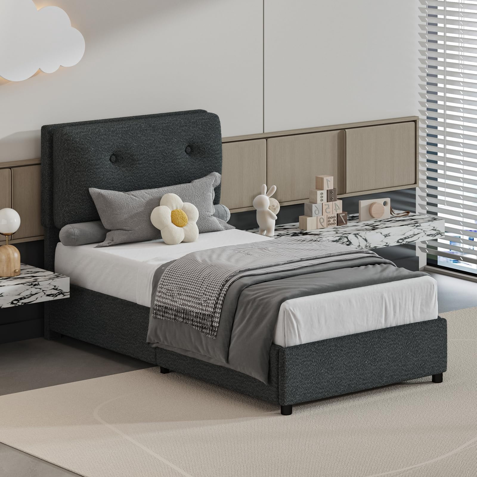 4 EVER WINNER Twin Bed Frame, Twin Size Bed Frame with Headboard, Boucle Bed Frame with Removable Pillow Upholstery, No Box Spring Required, Easy Assembly, Dark Grey