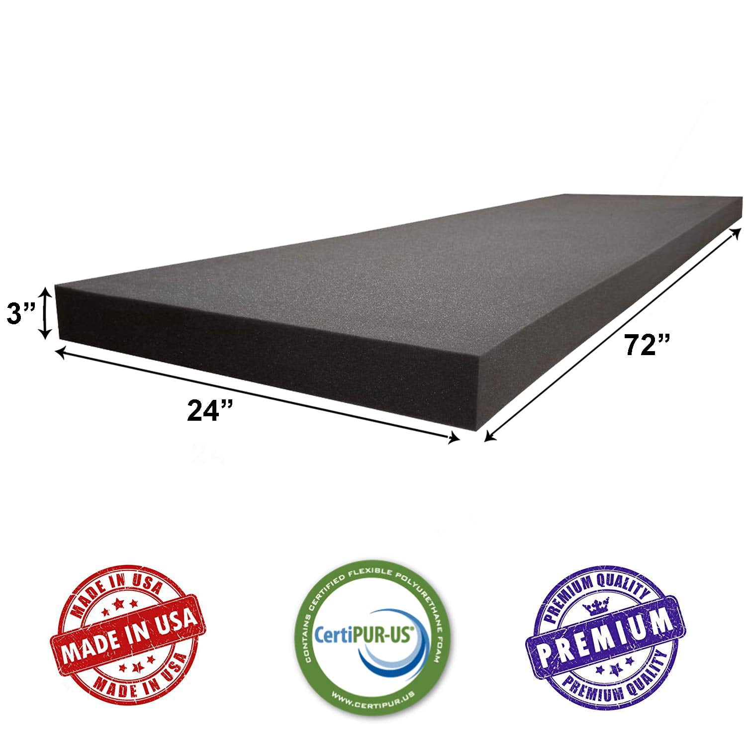 AKTRADING CO. CertiPUR-US Certified Charcoal Rubber Foam Sheet Cushion (Seat Replacement, Upholstery Sheet, Foam Padding, Acoustic Foam Sheet) - 3"H X 24"W X 72"L