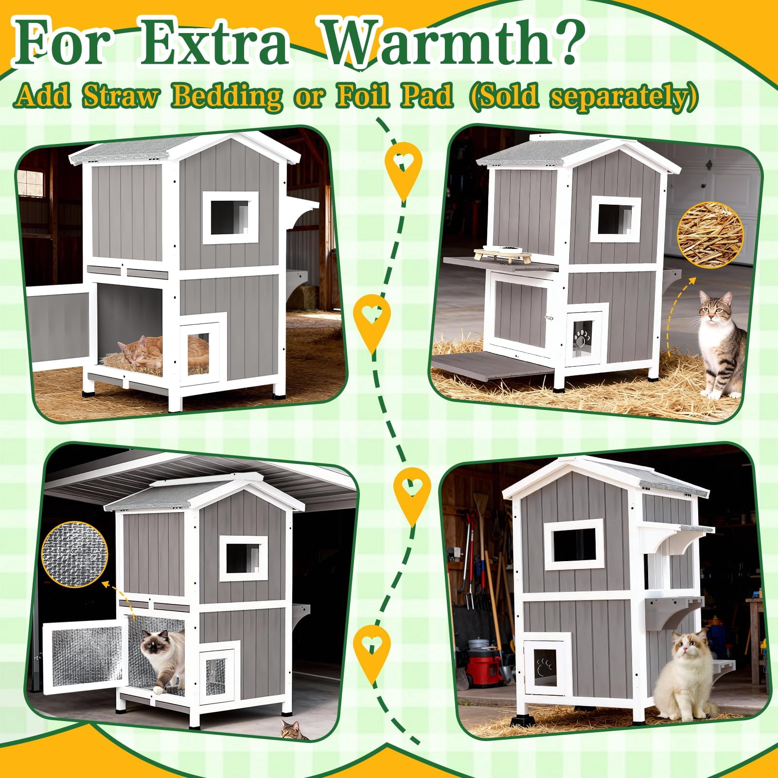 PETSCOSSET Outdoor Cat House, Two-Story Wooden Feral Cat Shelter with Openable Roof, Escape Door