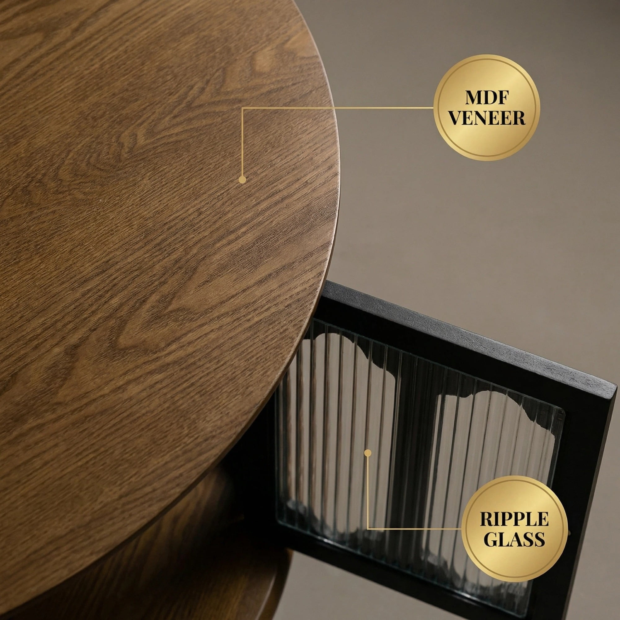 31.5" Round Wooden Coffee Table With Storage,Modern Living Room Center Table with 3 Glass Doors for Living Room,Apartment,Office,Brown