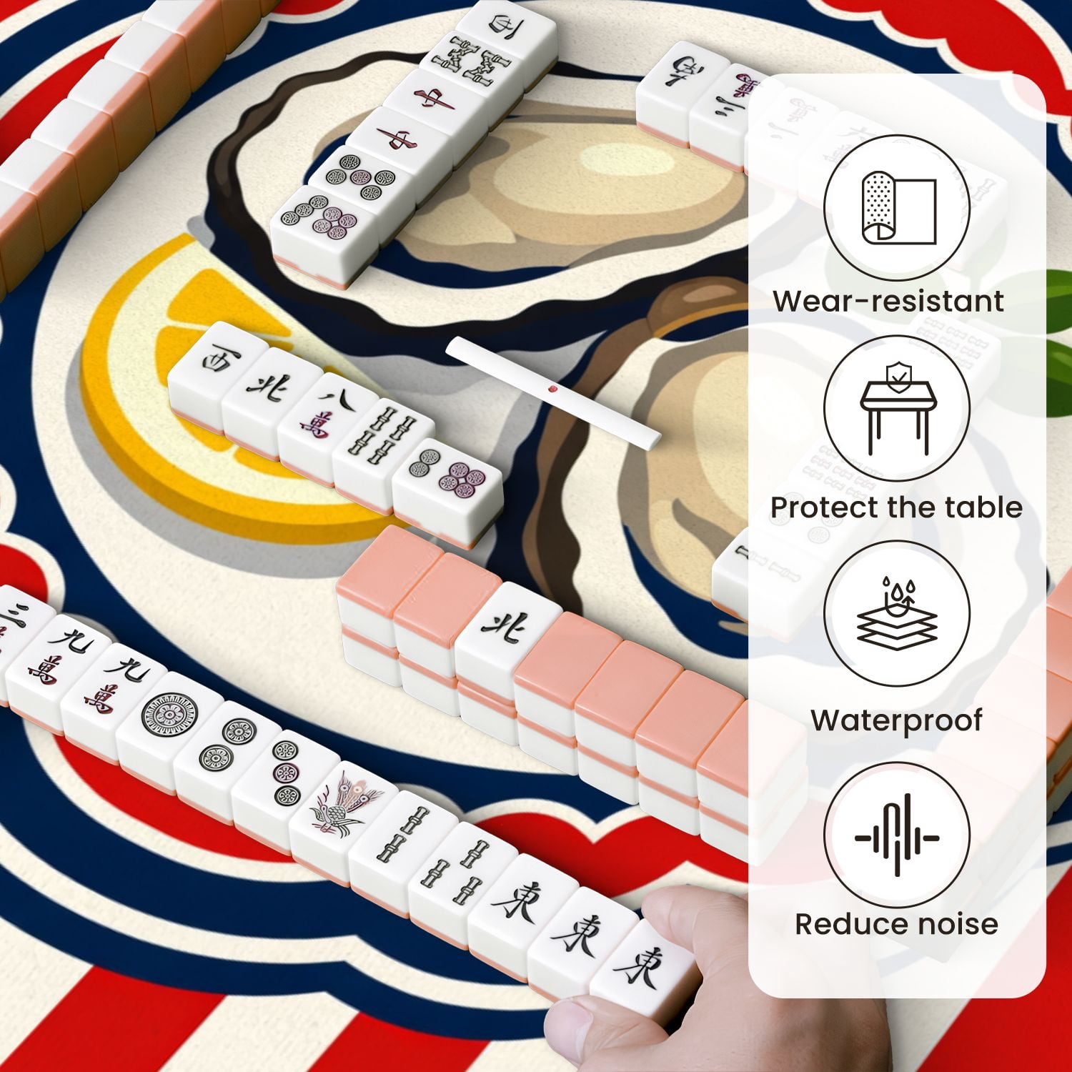 Mahjong Mat 31.5" x 31.5" Fresh Oysters Lemon Slice Red White Blue Striped Non-Slip Noise Reduction Mahjong Tiles Table Cover for Dominoes Poker Card Board and Tile Games