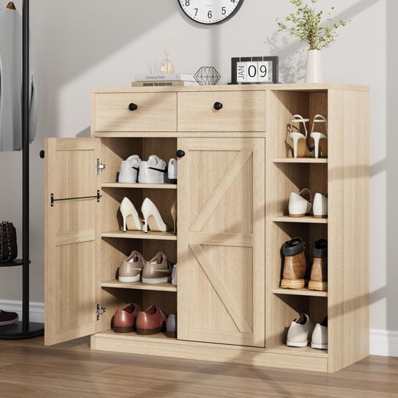 42 inch Tall Shoe Storage Cabinet with Doors and Drawers Modern 4 Tier Shoe Organizer 3 Adjustable Shelves Entryway Shoe Rack Cabinet Natural Oak