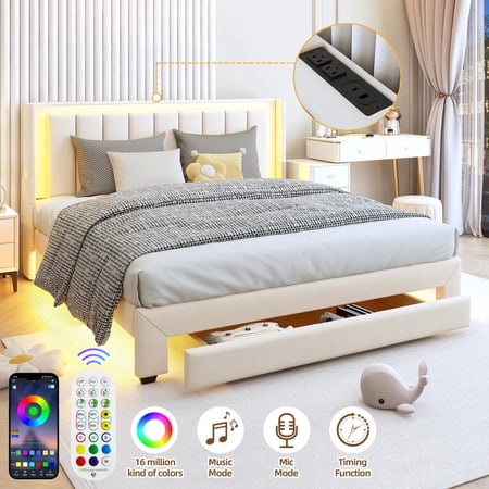 Queen Bed Frame, UHOMEPRO Upholstered Platform Bed Frame with LED Lights, Drawer, Charging Station, Fabric Platform Bed Frame for Bedroom, Wood Slats Support, No Box Spring Needed, Beige