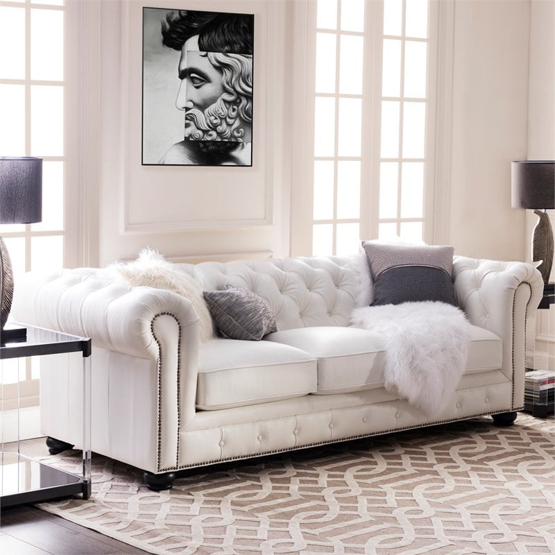 Bowery Hill Leather Chesterfield Sofa, White Leather Chesterfield
